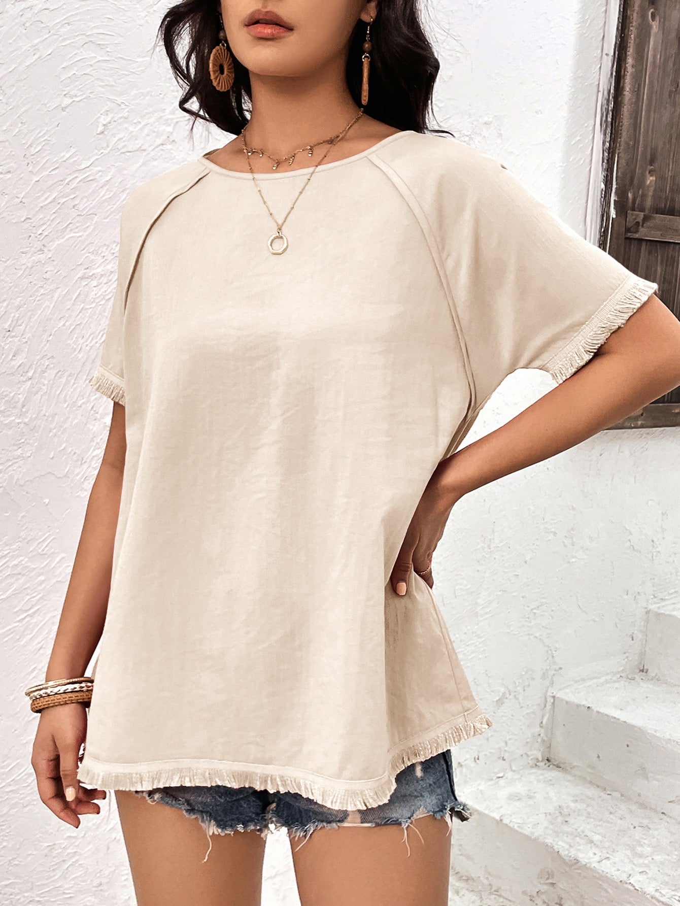 Cream Crew Neck Fringe Hem Tshirt