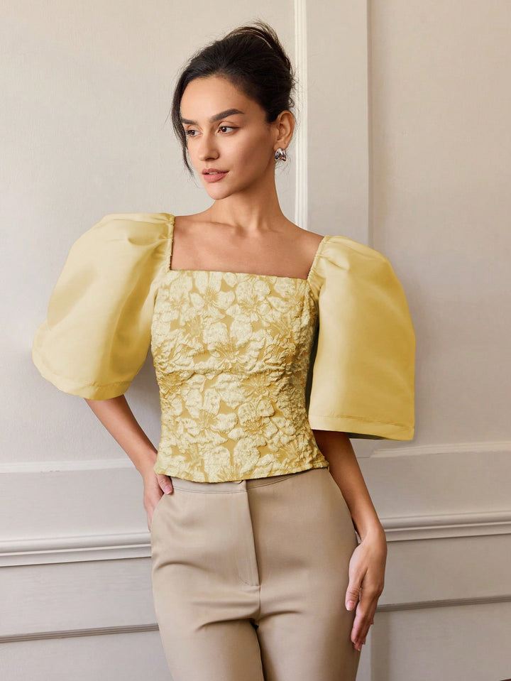 Yellow Floral Textured Fitted Top