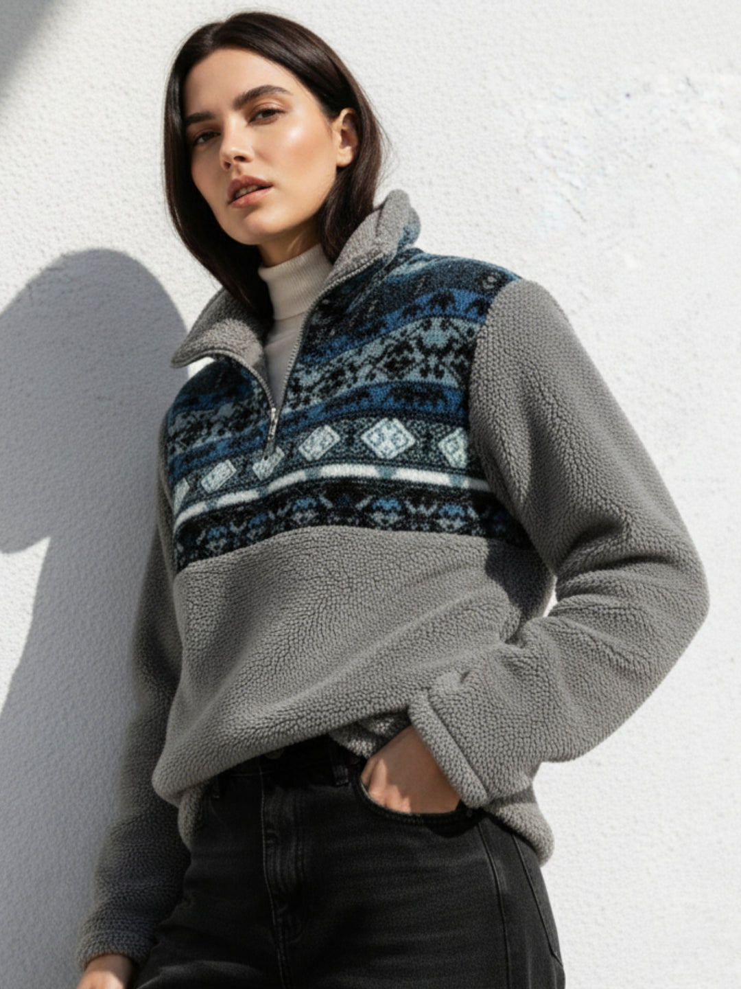 Grey Full Sleeve Printed Half Zip Sweatshirt