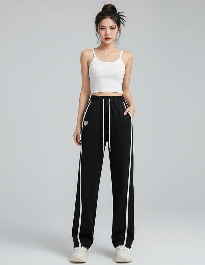 Solid Black Stripped Wide Leg Sweatpants