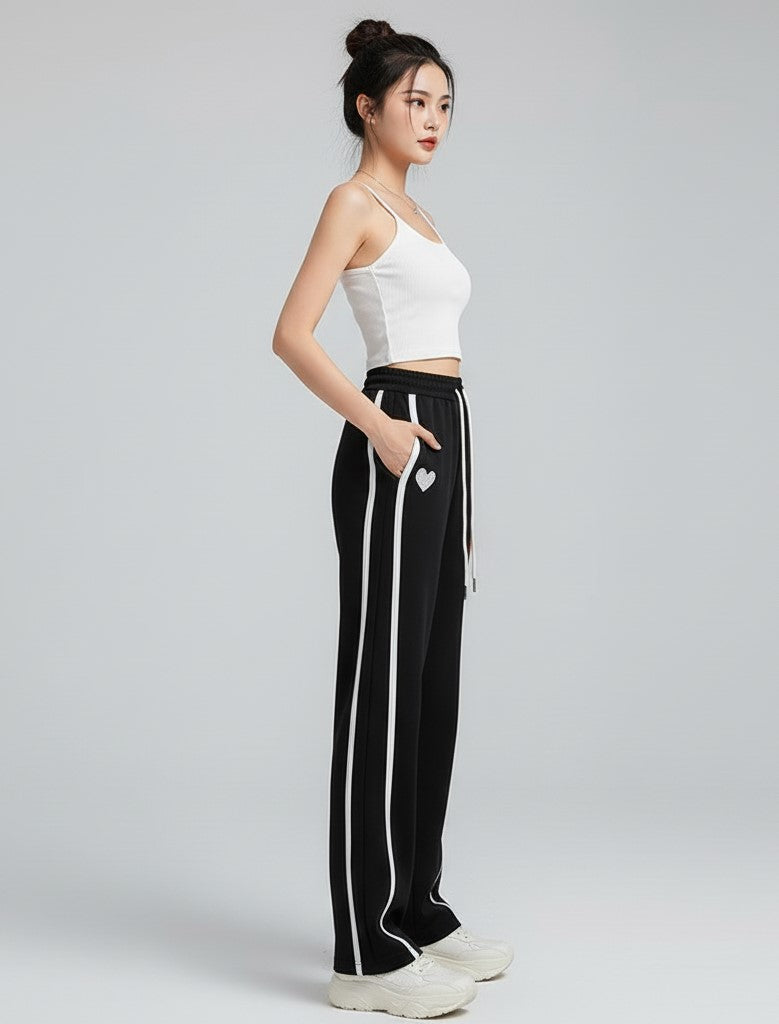 Solid Black Stripped Wide Leg Sweatpants