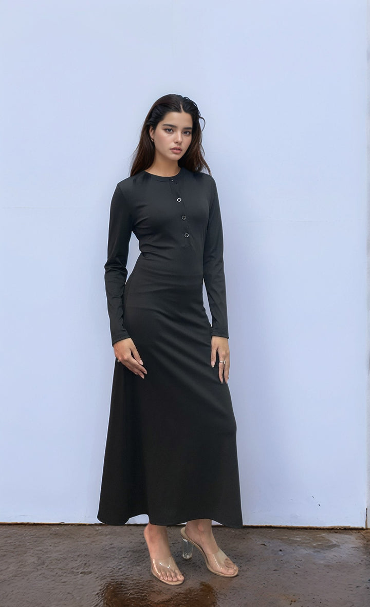 Solid Black Button Down Rib Fitted Dress