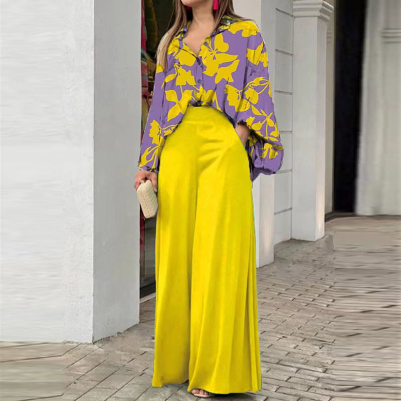 Yellow Printed Shirt And Solid Wide Leg Trouser Co-Ord Set
