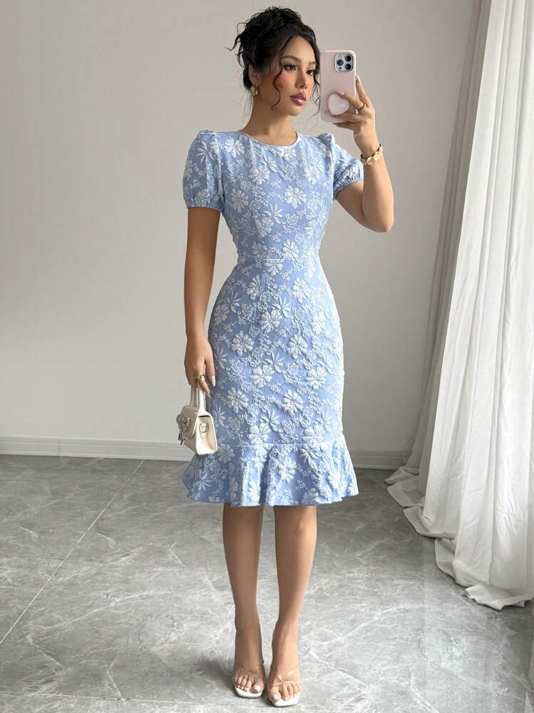 Blue Round Neck Ruffle Dress