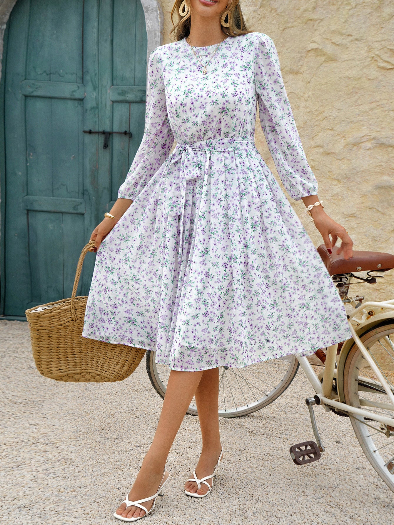 Purple Printed High Neck Midi Dress