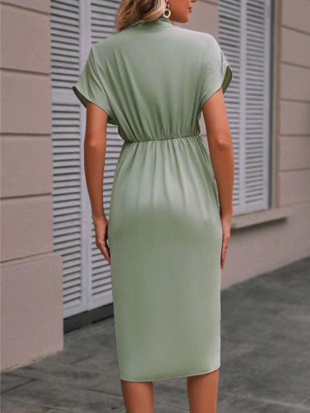 Green Short Sleeve V Neck Waist Tie-Up Dress