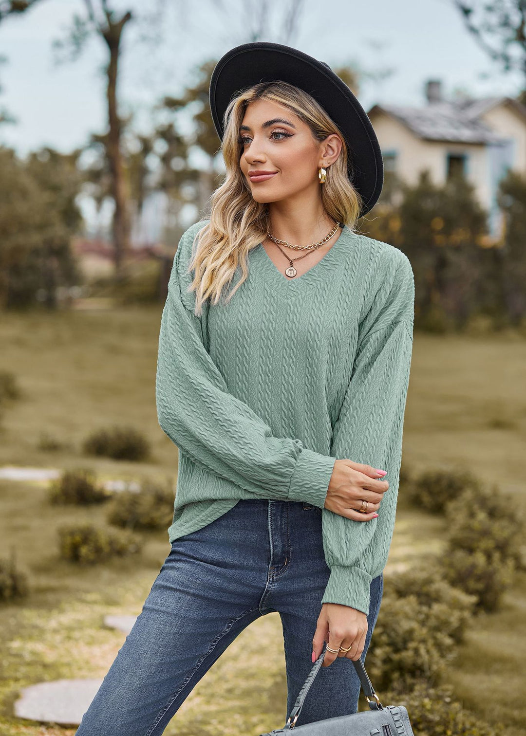Sea Green Bishop Sleeve V Neck Sweatshirt