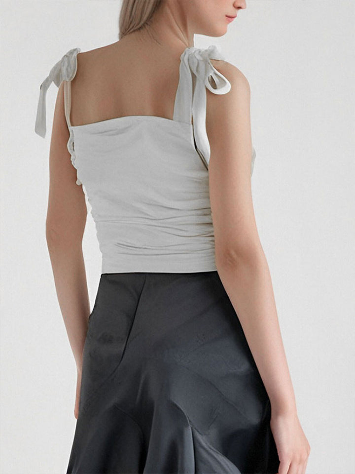 White Shoulder Tie Up Fitted Top