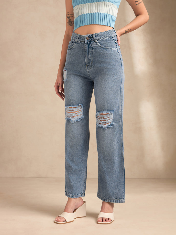 Blue Baggy High-Rise Mildly Distressed Stretchable Jeans