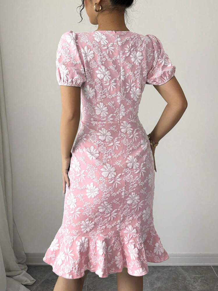 Pink Round Neck Ruffle Dress