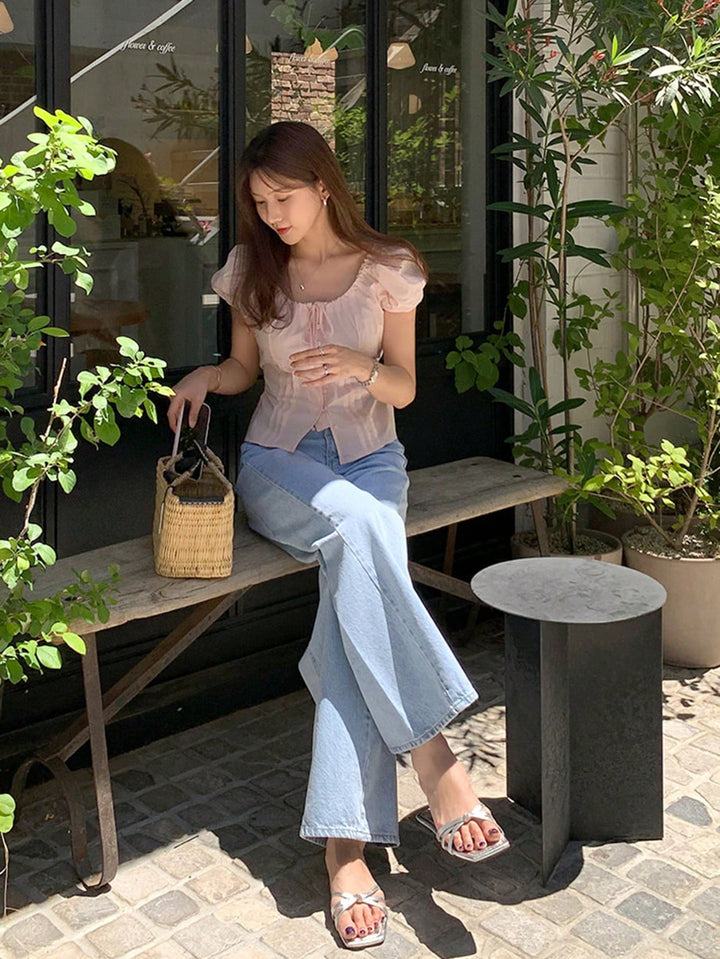Pink Puff Sleeve Front Tie Up Top