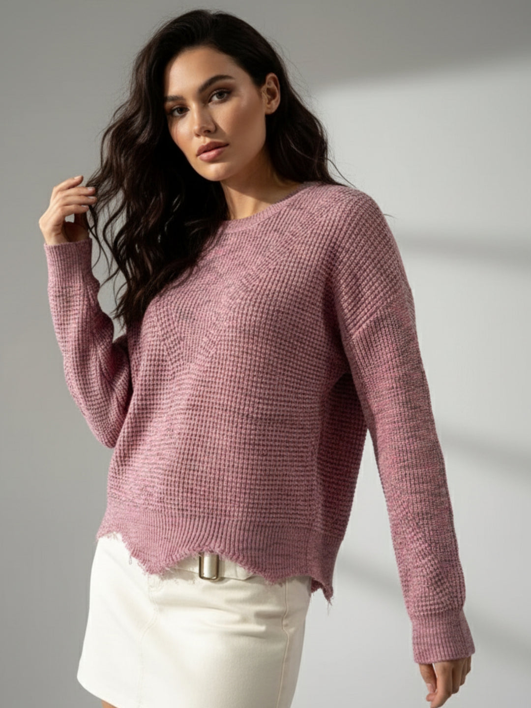 Pink Full Sleeve Crew Neck Fringe Hem Sweater