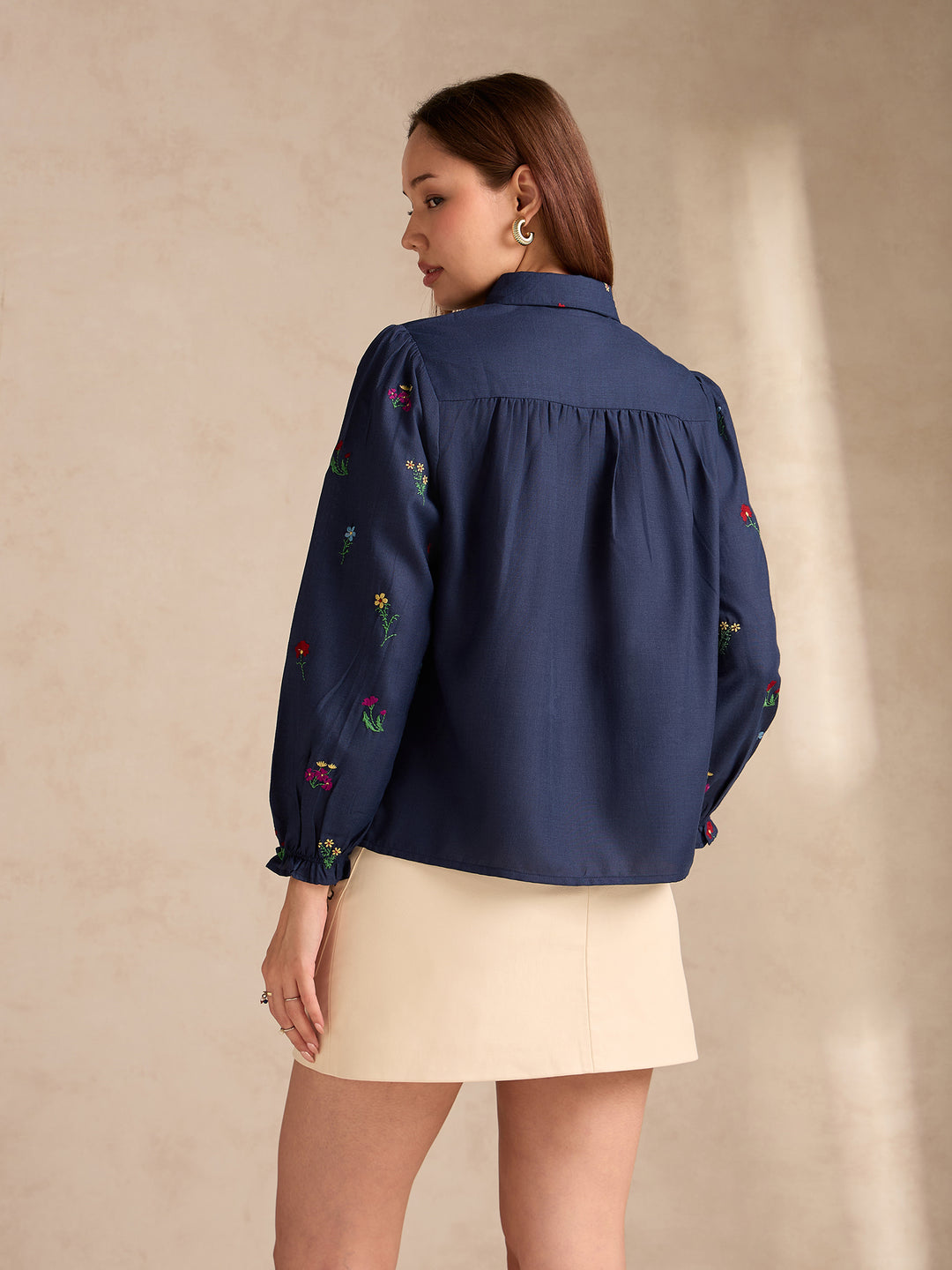 Navy Blue All-over Embroidered Blouse With Smocked Yoke Detail