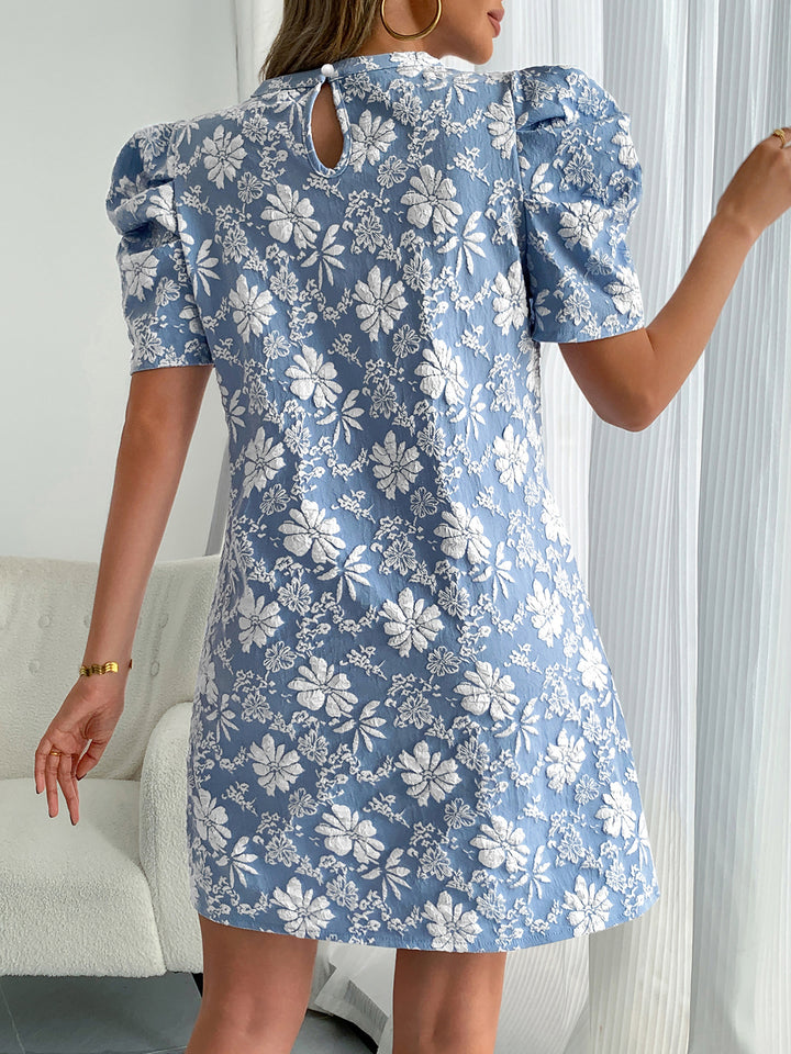 Blue Puff Sleeve Crew Neck Dress