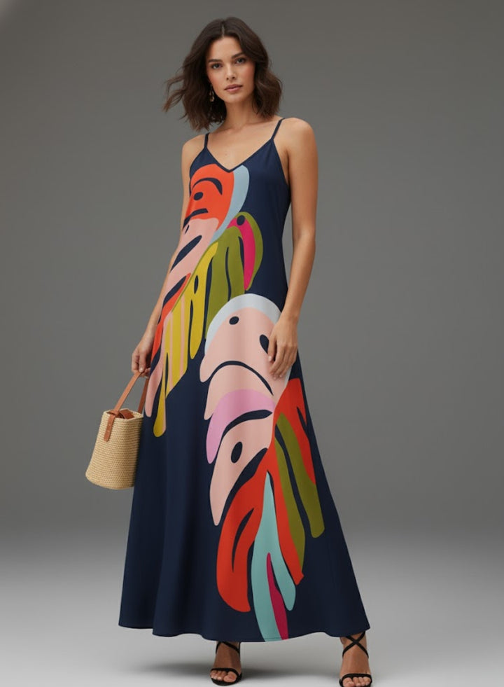 Navy Blue Bold Printed Vacation Dress