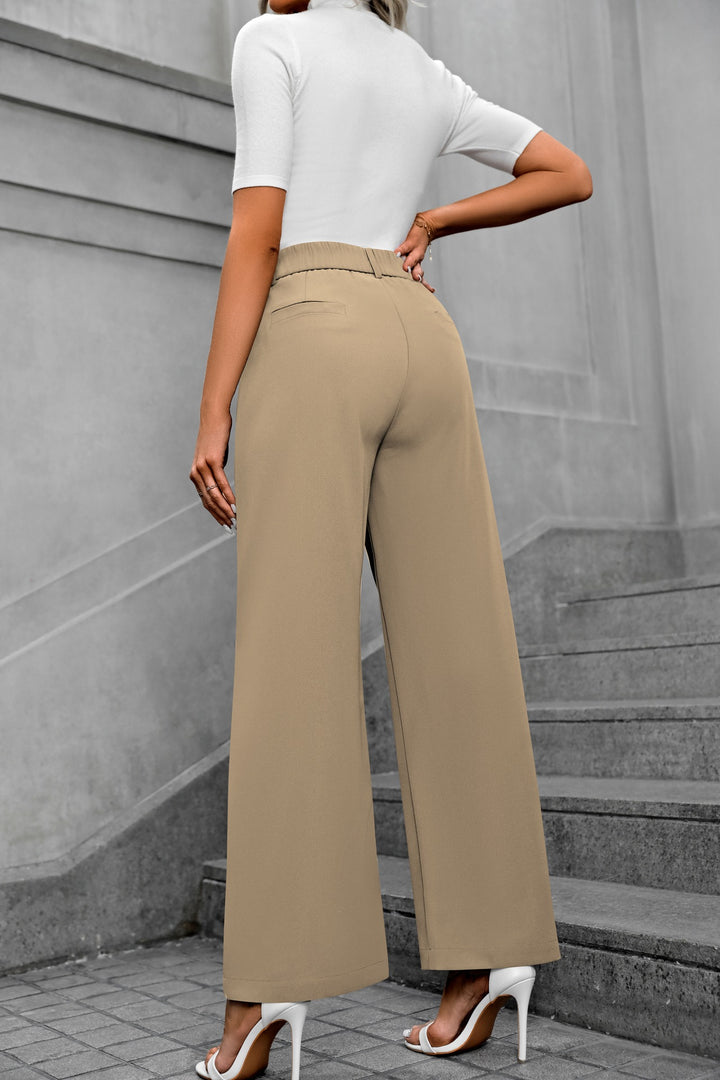 Khaki Waist Band Pleated Straight Fit Pants