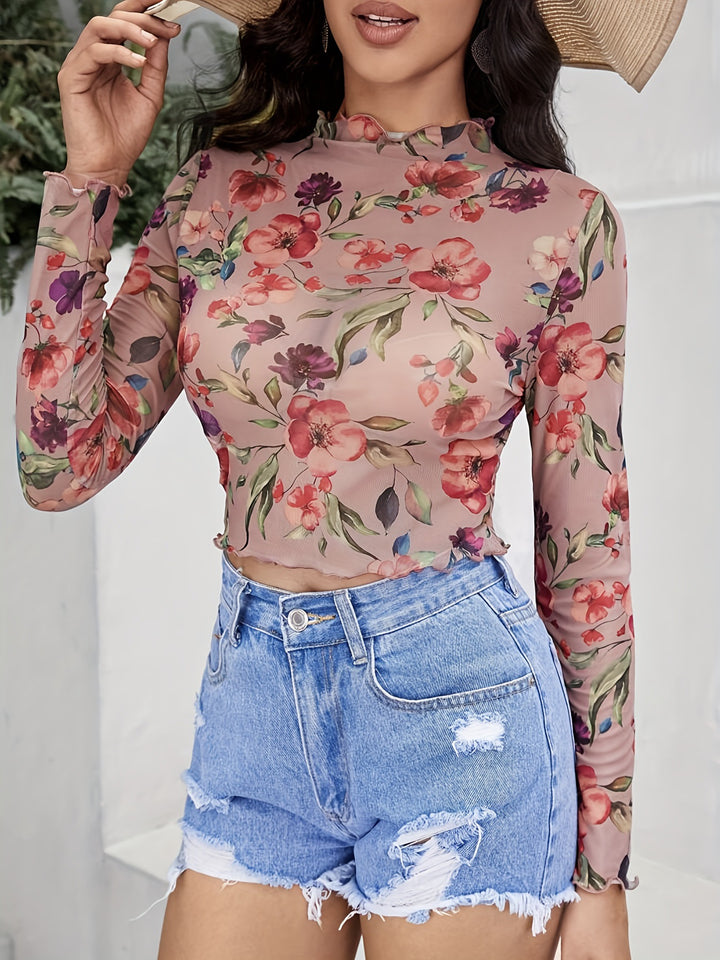 Nude Floral Printed Full Sleeve Semi Sheer Crop Top