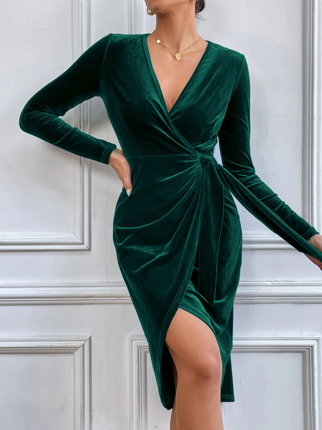Green Full Sleeve Wrap Velour Dress
