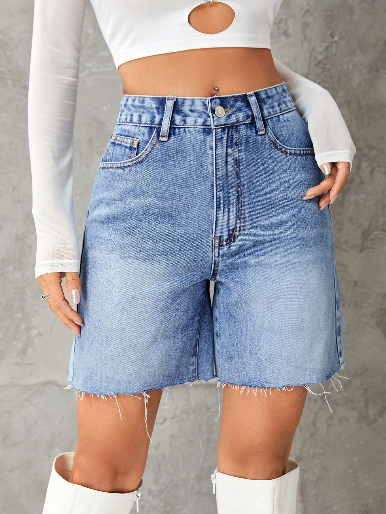 Light Blue Denim Shorts With Freyed Hem