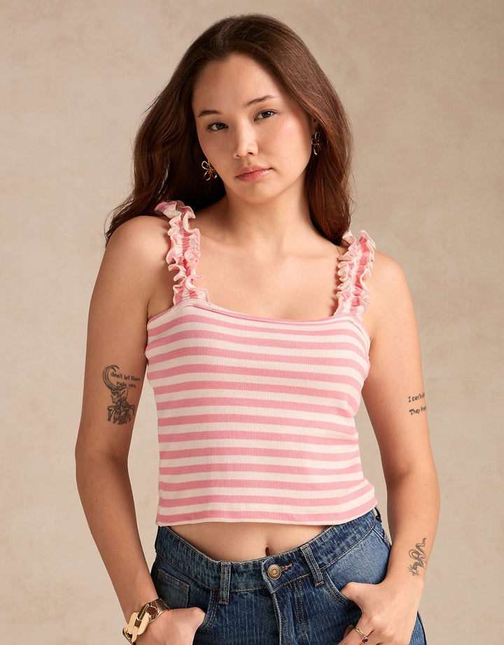 Pink Striped Rib Tank Top With Ruffle Straps
