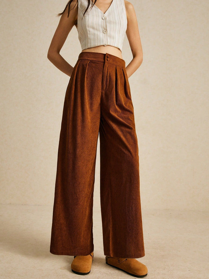 Brown Waist Buttoned Corduroy Pant