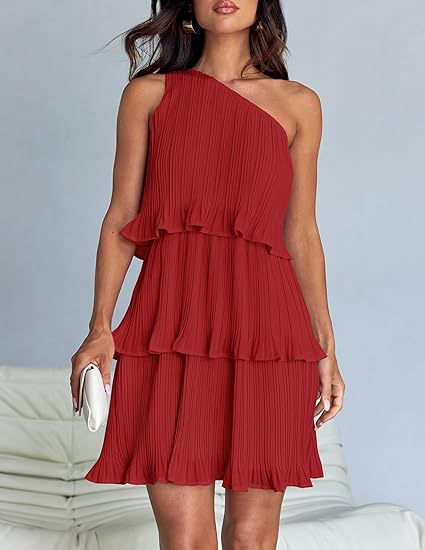 Red One Shoulder Three Tiered Pleated Dress