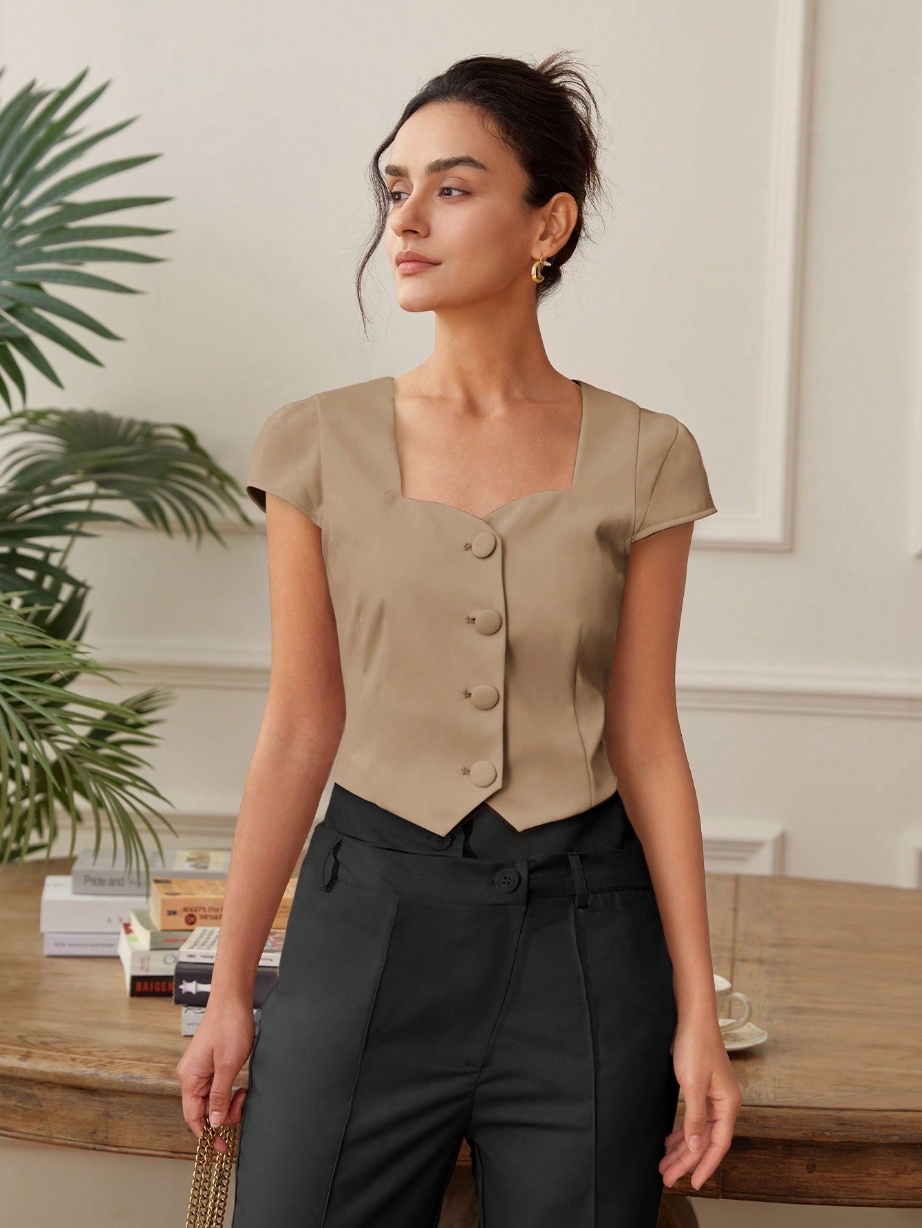 Beige Front Button  Top