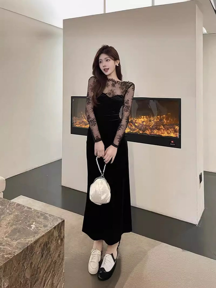 Black Fit And Flare Dress With Lace Inserts
