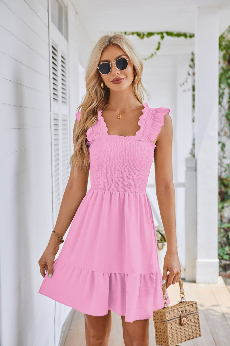 Pink Ruffled Sleeves Tiered Solid Dress