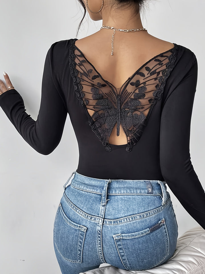 Black Full Sleeve Back Butterfly Mesh Top