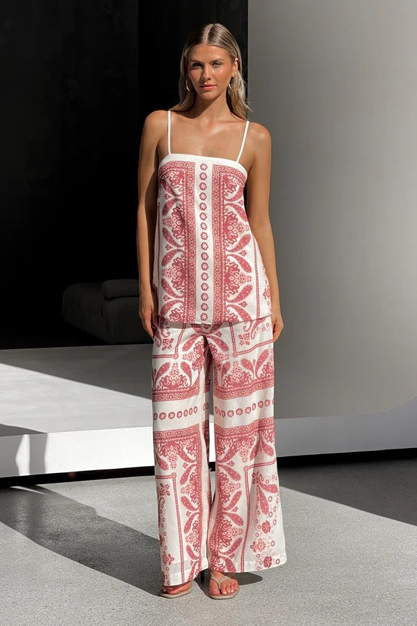 Red Spaghetti Strap Abstract Printed Top & Pant Set