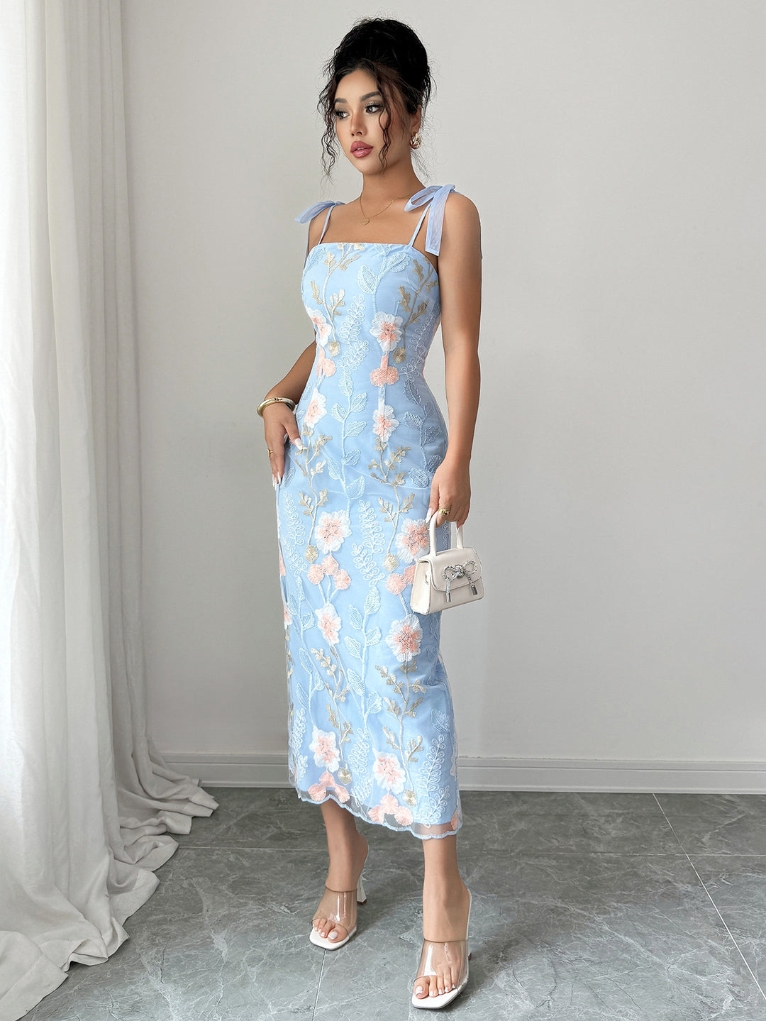 Blue Shoulder Tie Up Embroidered Dress