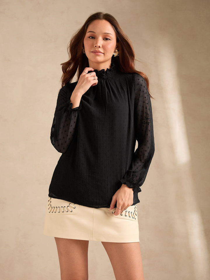 Black Textured Dobby Blouse With Floral Applique At Neck