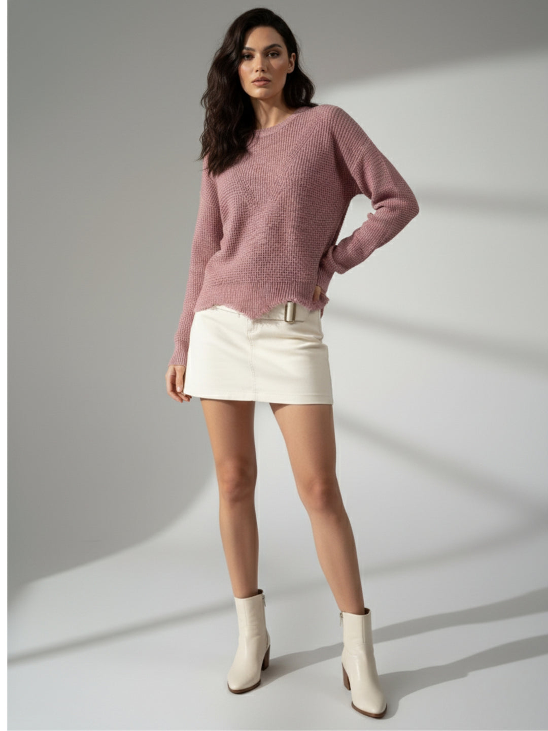 Pink Full Sleeve Crew Neck Fringe Hem Sweater