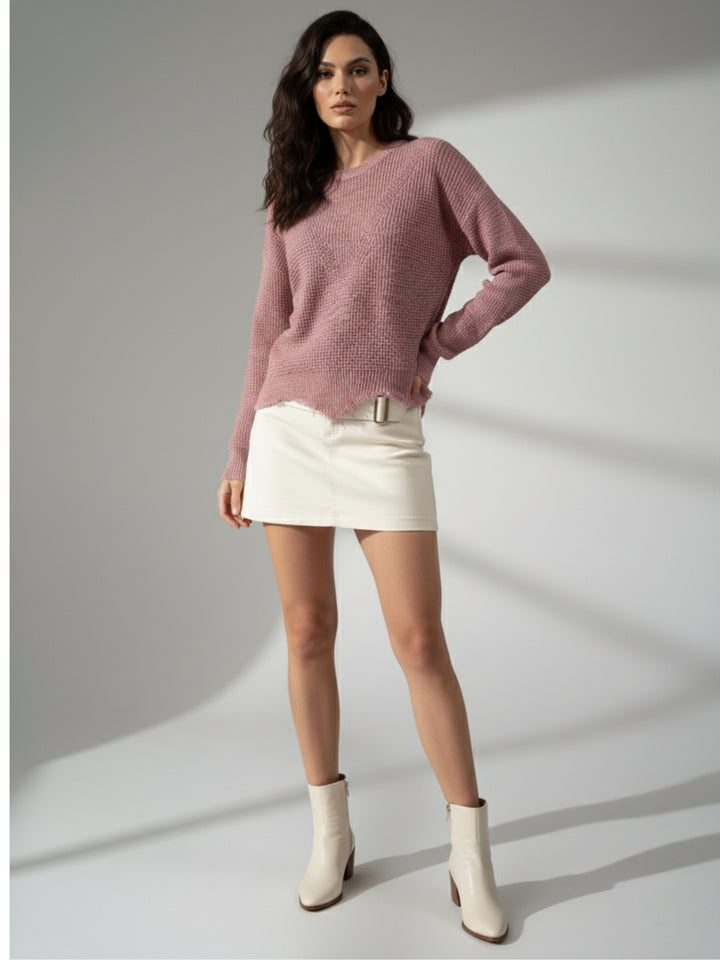 Pink Full Sleeve Crew Neck Fringe Hem Sweater