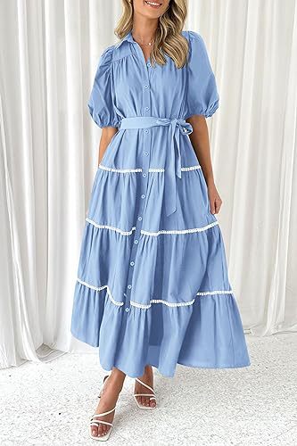 Blue Button Down Puff Sleeved Shirt Dress