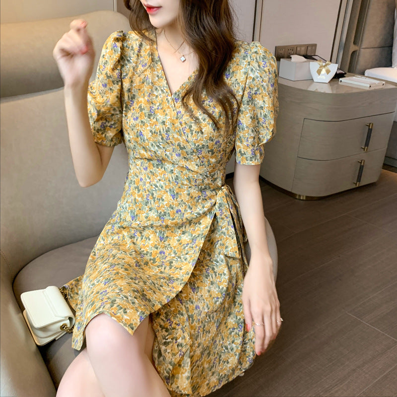 Yellow Puff Sleeve Wrap Dress