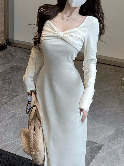 Cream Aline Midi Dress With Bow Detail