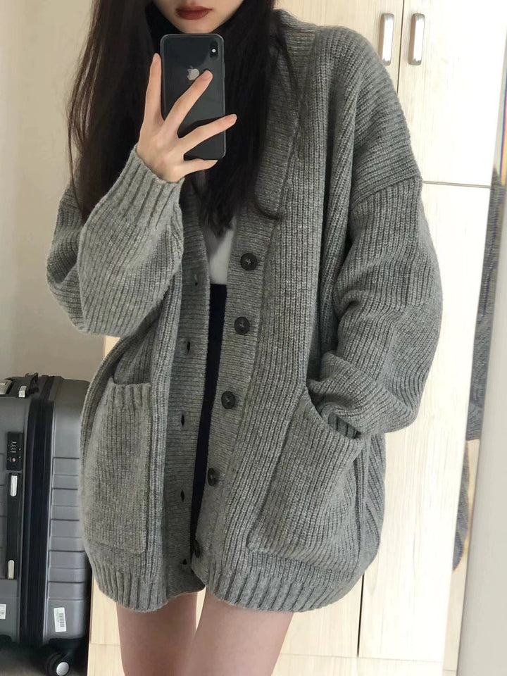 Grey Full Sleeve Double Pockets Slouchy Cardigans