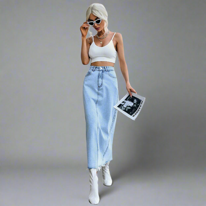 Light Blue Midi Denim Skirt With Freyed Hem