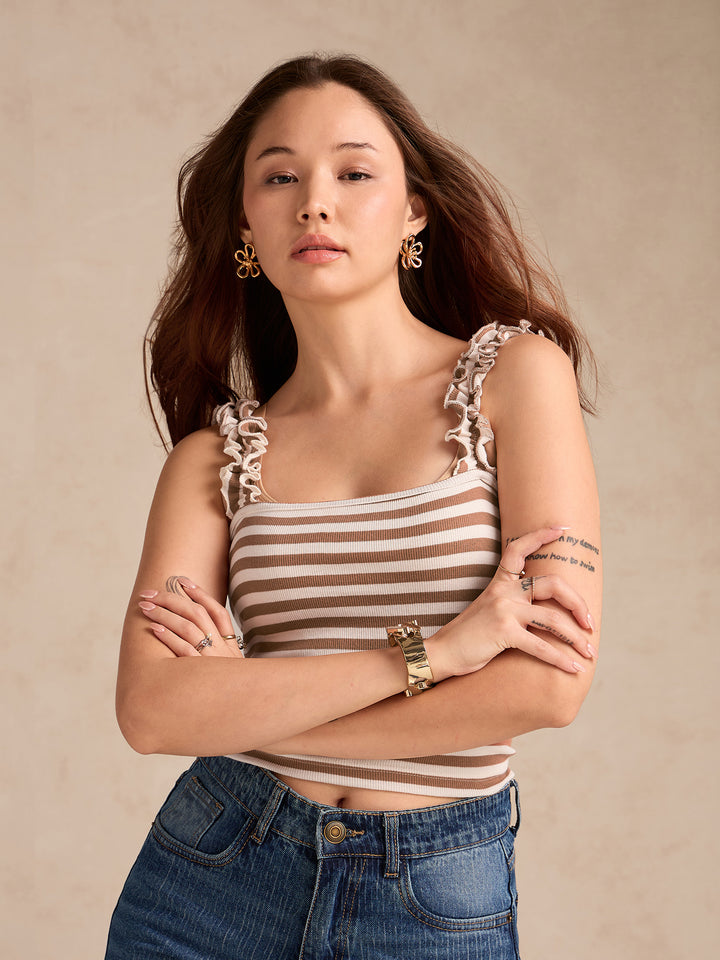 Brown Striped Rib Tank Top With Ruffle Straps