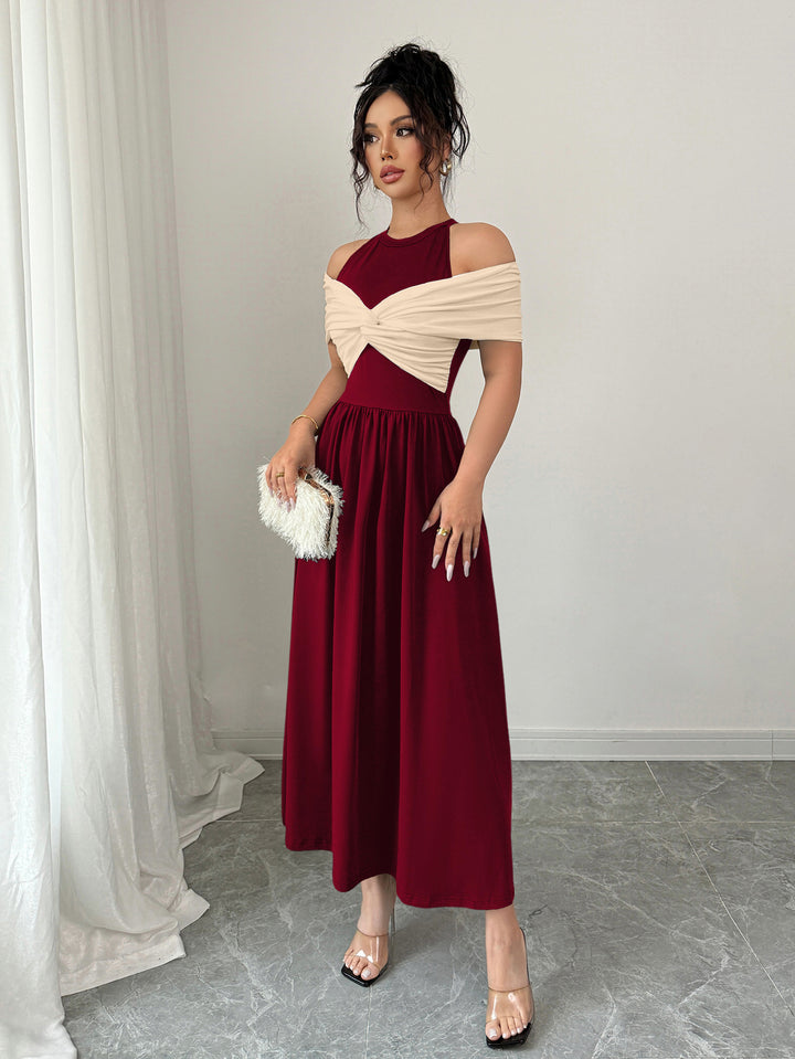 Maroon Twisted Contrast Off Shoulder Dress