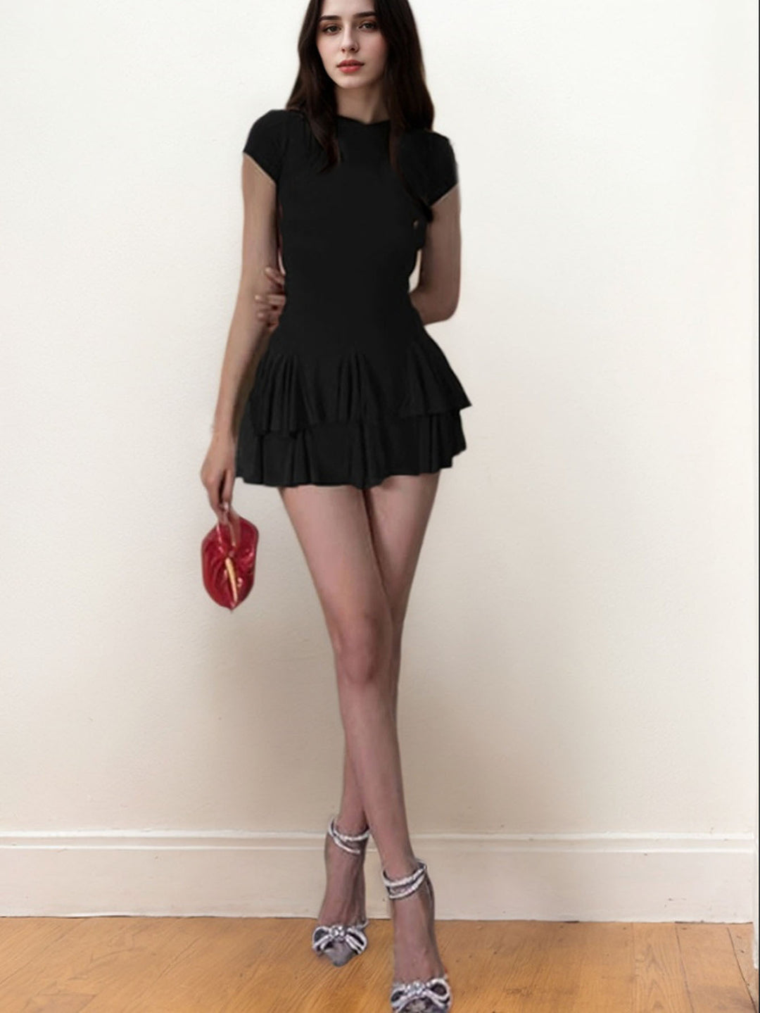 Black Short Sleeve Fringes Attached Dress