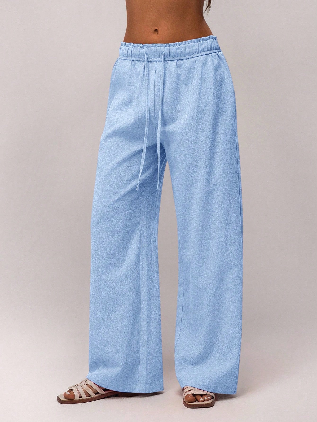 Light Blue High Waist Drawstring Wide Leg Trouser