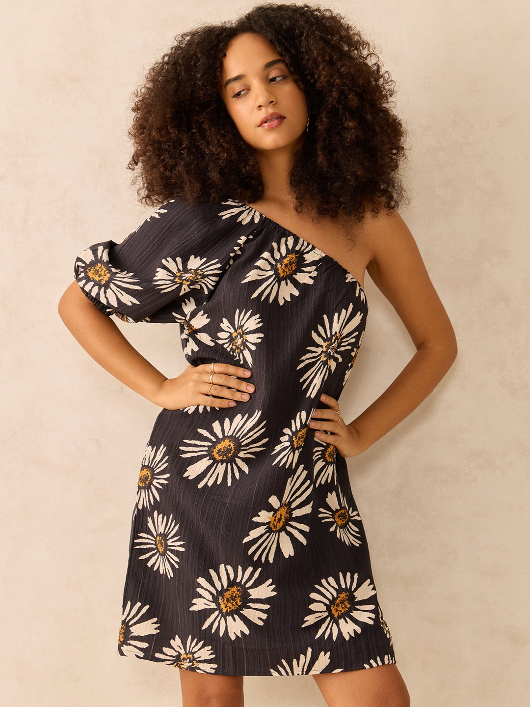 Black One Shoulder Foral Mini Dress