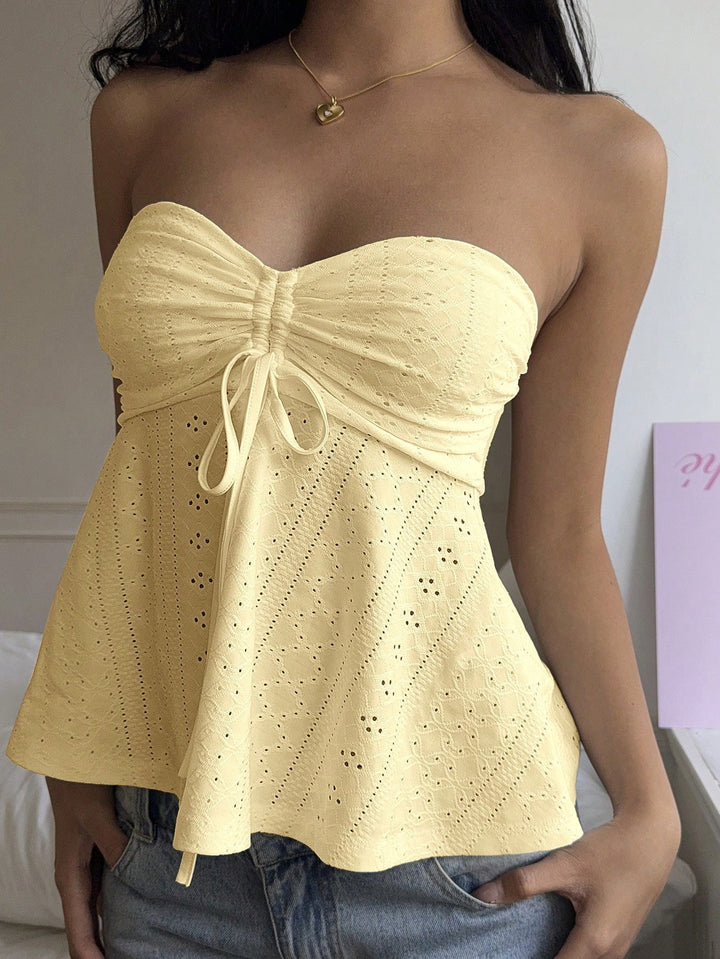 Yellow Strapless Textured Knit Front Ruched Top