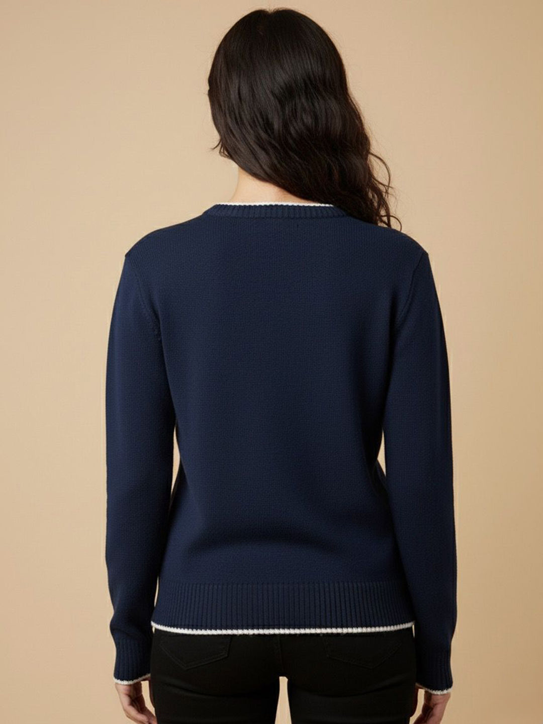 Navy Blue Contrast Stitch Hem And Neck With Graphic Sweater