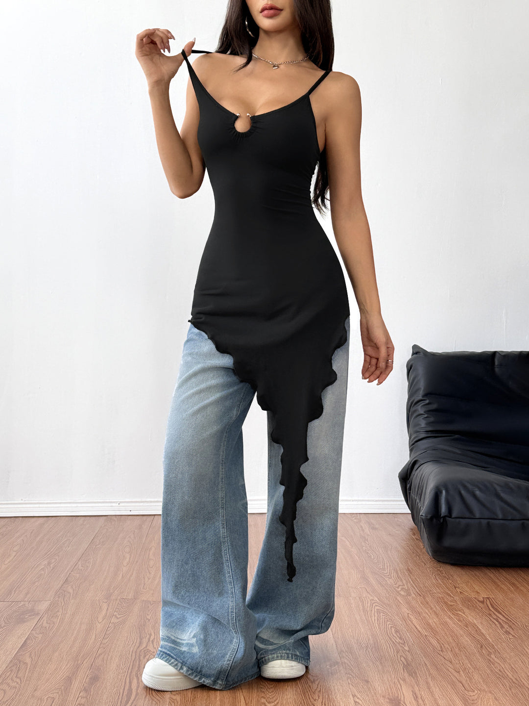 Black Shoulder Strap Metal Attached Asymmetrical Top