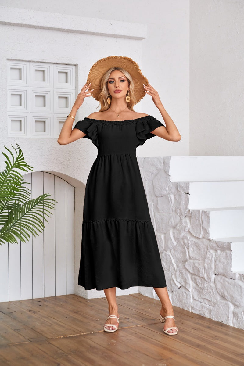 Black Solid Flutter Sleeved Empire Waist Smocked Dress