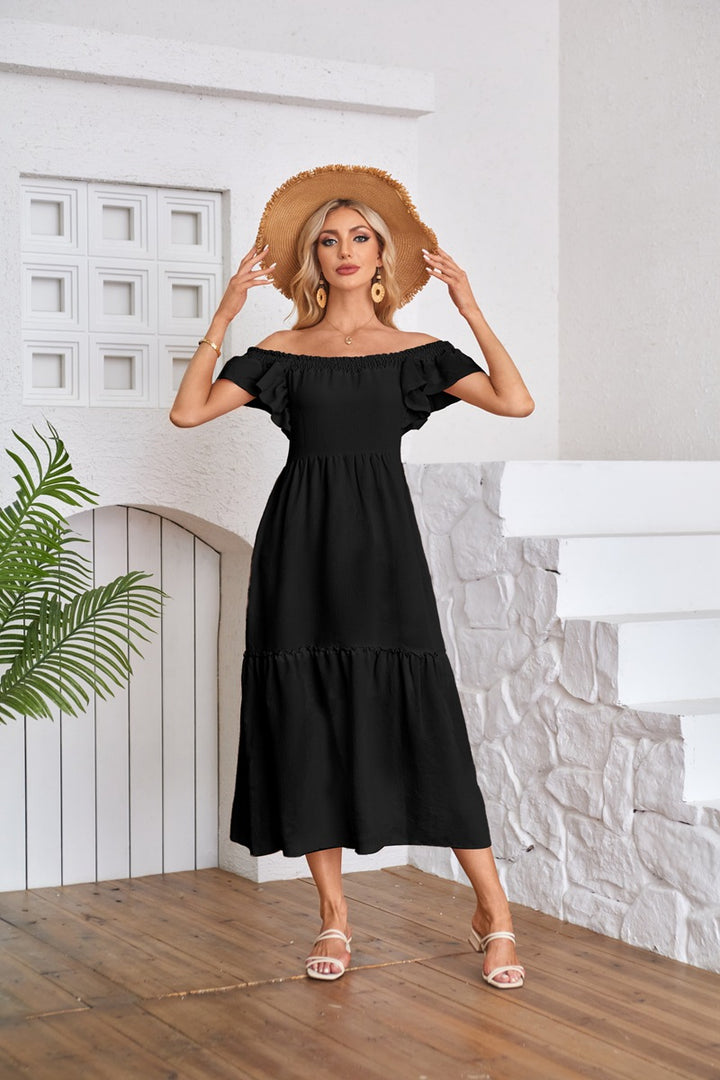 Black Solid Flutter Sleeved Empire Waist Smocked Dress